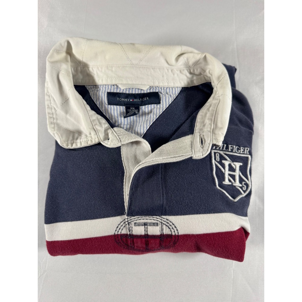 VTG 90s Tommy Hilfiger Mens XXL Rugby Navy Blue Red White Long Sleeve Crest Logo